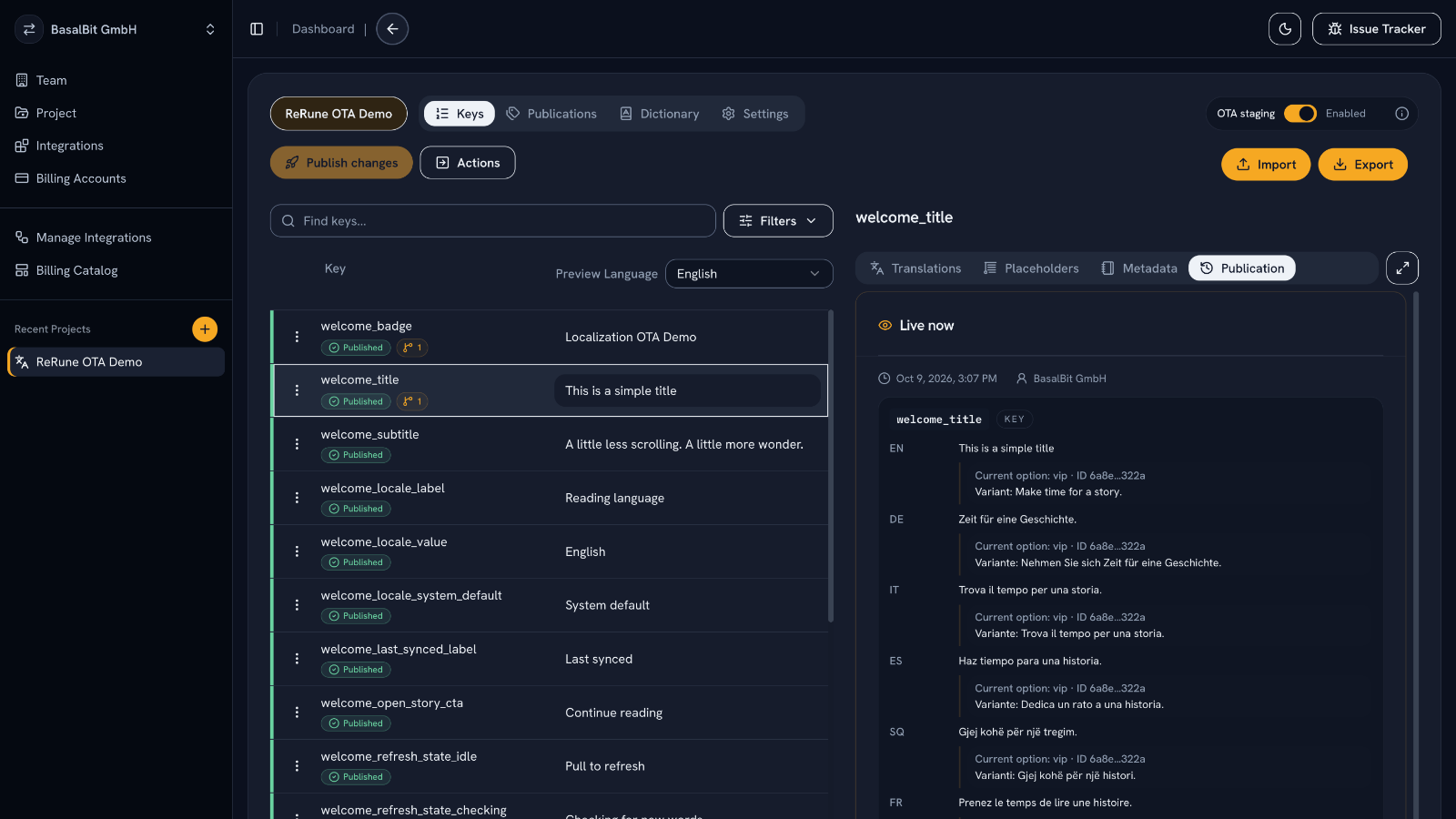 ReRune publication view showing the live text of a key in each language alongside its VIP variant