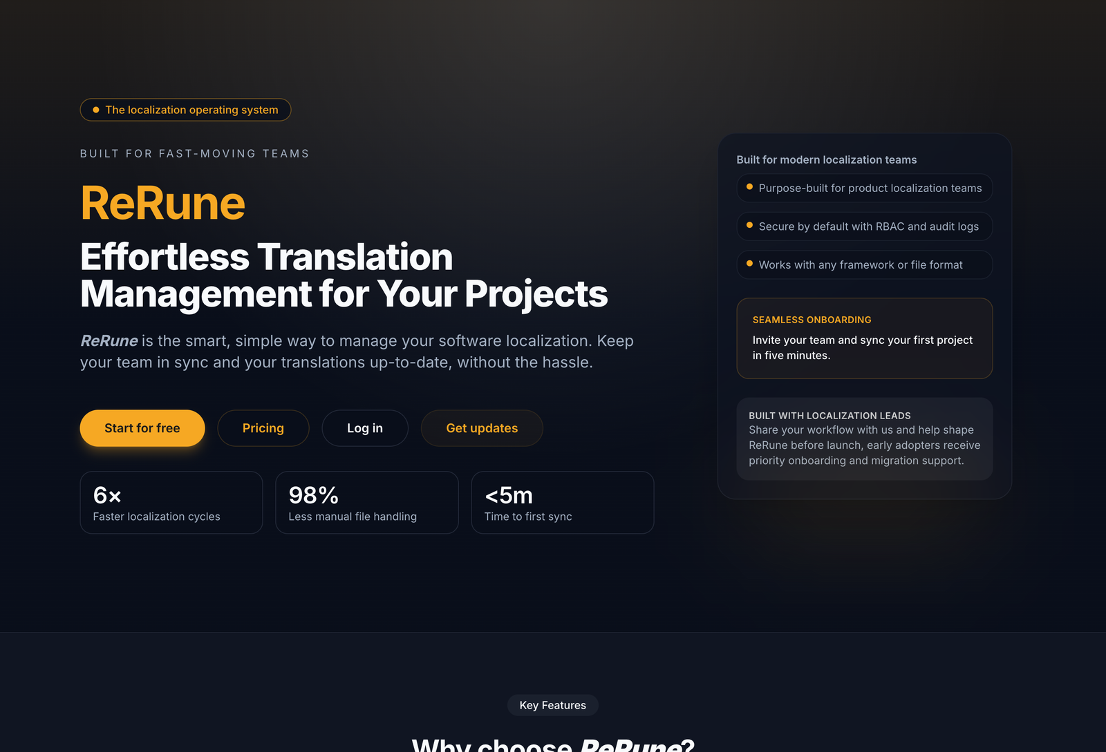 Rerune Landingpage mit Lokalisierungs-Workflow-Karten und Produktmetriken